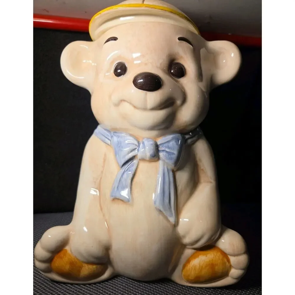 Vintage Treasure Craft Teddy Bear Cookie Jar Baseball Cap Blue Bowtie USA